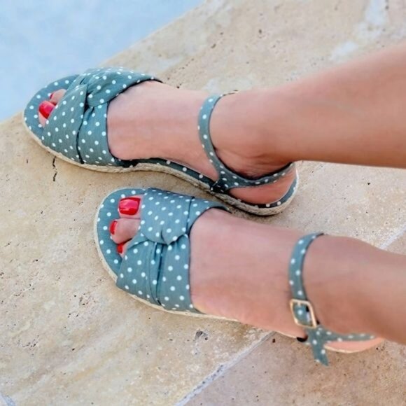Green Polkadot Espadrille Flat Sandals with Ankle Strap and Buckle Closure - Picture 1 of 4